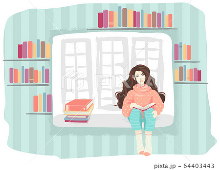 Girl Read Book Window Illustration 64403443