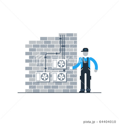 Worker with air coditioners on the brik wall 64404010