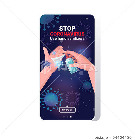 human hands applying antibacterial spray disinfection stop coronavirus pandemic quarantine concept 64404450