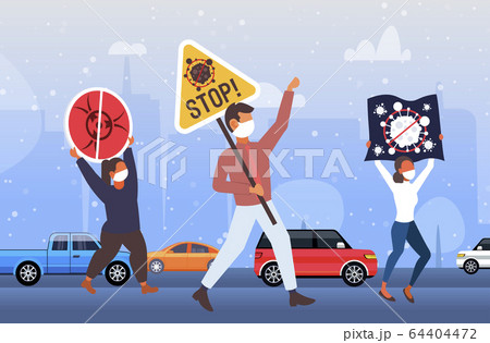 people in protective mask holding banners demonstrating against covid-19 pandemic stop coronavirus 64404472