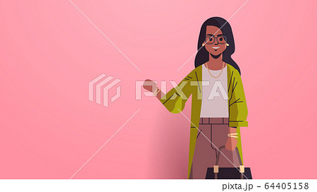 beautiful indian woman with handbag waving hand and posing to camera smiling female cartoon character portrait horizontal 64405158