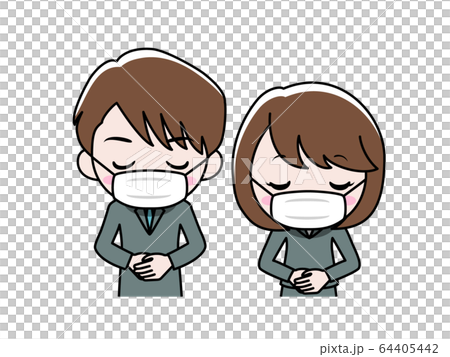 お辞儀をしているマスクをしたスーツ姿の男女 のイラスト素材 お辞儀をしているマスクをしたスーツ姿の男女 のイラスト素材