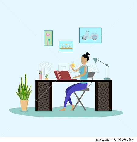 Work at home concept design.One woman works online with a laptop on a loft table.Vector illustrator.Online work,stardy,shopping. Work at home concept design.One woman works online with a laptop on a loft table.Vector illustrator.Online work,stardy,shopping. 64406567