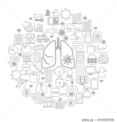 コロナウイルス 感染症対策 アイコン イラスト セット モノトーンのイラスト素材