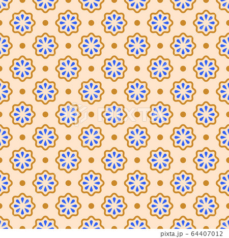 Vector seamless pattern. Abstract simple flower design. Blue and brown elements on a beige background. Modern minimal illustration perfect for backdrop graphic design, textiles, print, packing, etc. Vector seamless pattern. Abstract simple flower design. Blue and brown elements on a beige background. Modern minimal illustration perfect for backdrop graphic design, textiles, print, packing, etc. 64407012