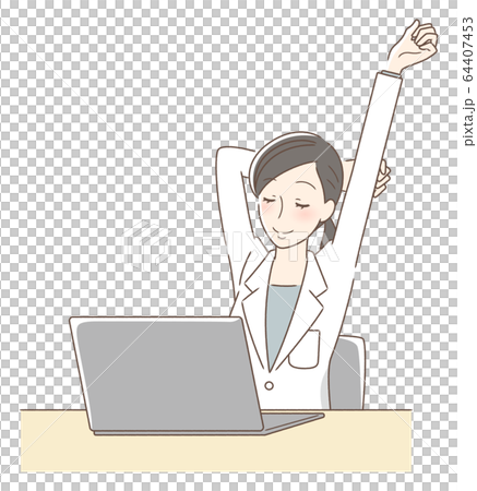 パソコンの前でストレッチをする女性 64407453