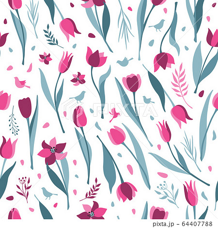 Tulip vector seamless pattern on white background. Tulips flat illustration icon of tulip. 8 March day. Women s day. Vector surface illustration. 64407788
