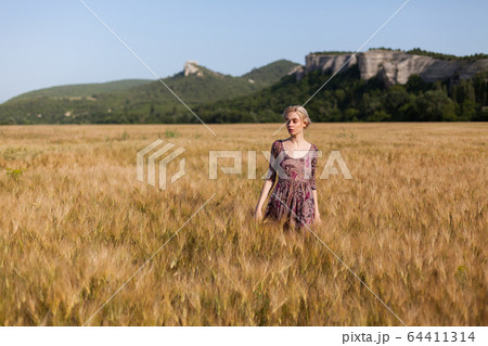Beautiful fashionable blonde woman in a field of wheat Beautiful fashionable blonde woman in a field of wheat 64411314