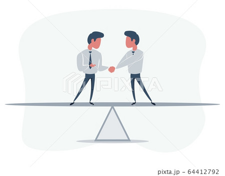 Business partners shaking hands as a symbol of unity. Businessman standing on seesaw. Business partners shaking hands as a symbol of unity. Businessman standing on seesaw. 64412792