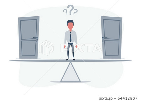 Two doors, men unable to make the right decision concept with question marks above his head 64412807