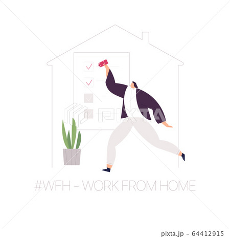 WFH - Work from home, home office. An employee works from home because of the COVID-19 coronavirus epidemic. Thin lines illustration in flat style. WFH - Work from home, home office. An employee works from home because of the COVID-19 coronavirus epidemic. Thin lines illustration in flat style. 64412915