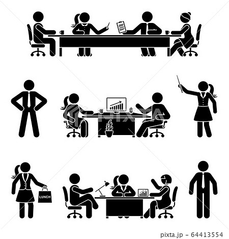 Stick figure office male and female at business meeting vector icon set. Group of team coworkers talking, negotiating, discussing, working, sitting at desk, using computer 64413554