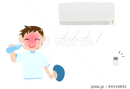 熱中症対策のイラスト 涼しい部屋で水を飲んでいる男の子のイラストのイラスト素材