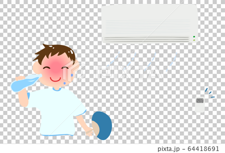 熱中症対策のイラスト 涼しい部屋で水を飲んでいる男の子のイラストのイラスト素材