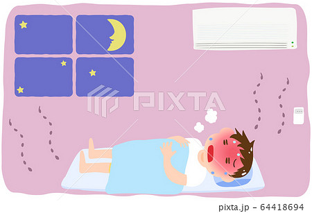 エアコンをつけずに熱中症になる男の子のイラスト エアコンをつけずに熱中症になる男の子のイラスト 64418694