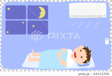 エアコンをつけて涼しい部屋で寝る男の子のイラストのイラスト素材
