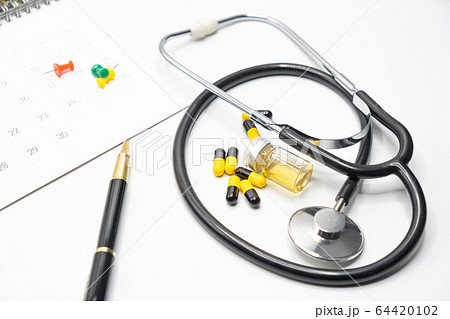 Top view of accessories healthcare  medical doctor and  hospital in problem protective COVID-19 concept 64420102