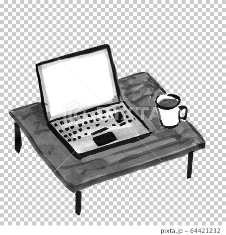 ローテーブルでノートパソコン作業 墨の手描き のイラスト素材