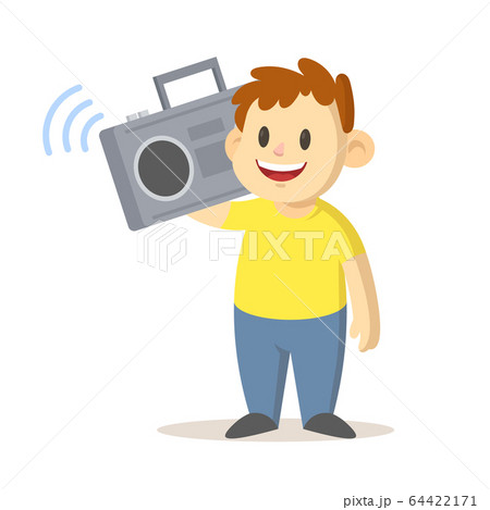 Smiling boy standing a tape recorder in his shoulder, cartoon character design. Flat vector illustration, isolated on white background. Smiling boy standing a tape recorder in his shoulder, cartoon character design. Flat vector illustration, isolated on white background. 64422171