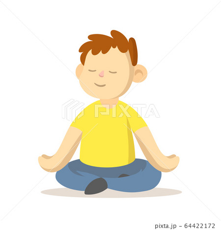 Calm boy maditating in lotus position, cartoon character design. Flat vector illustration, isolated on white background. 64422172