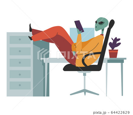 Alien character at coffee break at work vector Alien character at coffee break at work vector 64422629