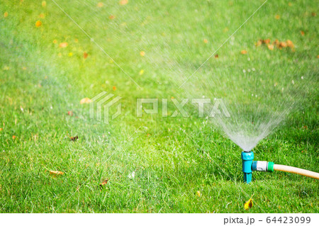 Water sprinkler spraying water on lawn Water sprinkler spraying water on lawn 64423099