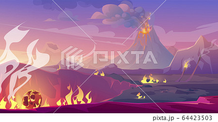 Jurassic period landscape with volcano and meteor Jurassic period landscape with volcano and meteor 64423503
