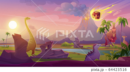 Dinosaurs Extinct With Meteorite Falling On Earthのイラスト素材