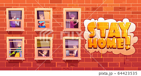 Stay home poster with people in windows Stay home poster with people in windows 64423535