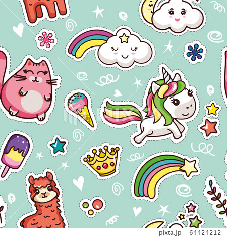 Cute Kawai Seamless Pattern on Blue Background Cute Kawai Seamless Pattern on Blue Background 64424212