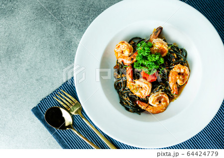 Squid Ink Pasta with Shrimp, Stir-Fried Black Squid Ink Pasta with Shrimp, Stir-Fried Black 64424779