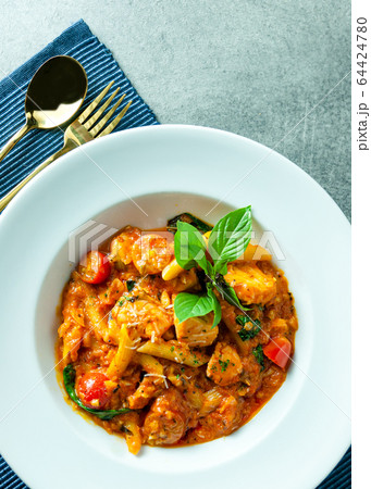 Stir fried macaroni prawn with tomato sauce and 64424780