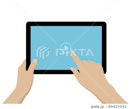 Cartoon illustration of hand holding tablet with 64425541