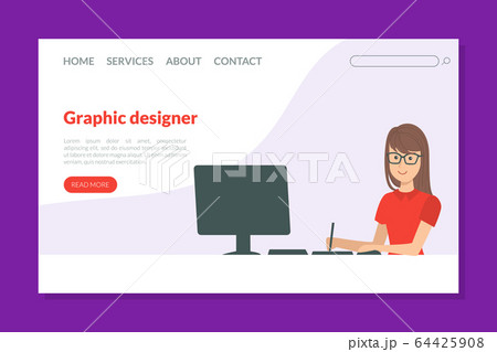 Graphic Designer Landing Page Template, Young Woman Sitting at Desktop and Working on Computer, Creative People Profession or Hobby Vector Illustration 64425908