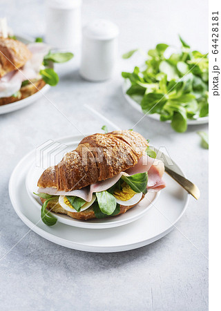 Fresh croissant with green salad 64428181