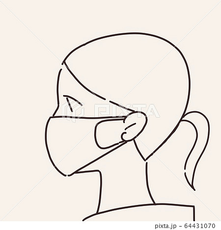 マスクをしたポニーテールの若い女性 線のみ シンプルのイラスト素材 64431070 Pixta