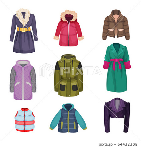 Autumnal and Winter Outerwear with Long Sleeved Clothing Items Vector Set 64432308