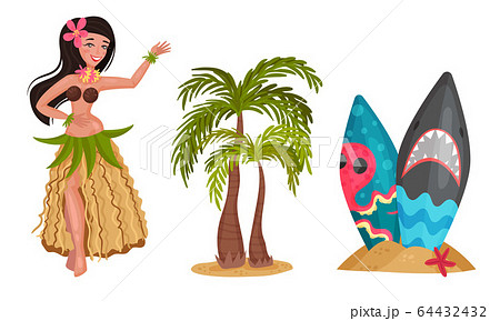 Hawaiian Beach Attributes and Tropical Symbols with Girl Dancing Hula and Palm Trees Vector Set Hawaiian Beach Attributes and Tropical Symbols with Girl Dancing Hula and Palm Trees Vector Set 64432432