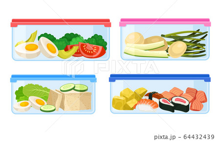 Fresh Food Stored in Plastic Transparent Containers with Closed Lid Vector Set Fresh Food Stored in Plastic Transparent Containers with Closed Lid Vector Set 64432439
