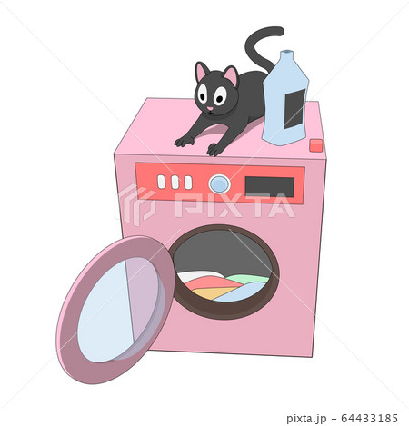 Cartoon cat is playing on the washing machine. 64433185