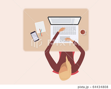The girl works at the computer at home or in the office ui and ux, top view. Students studying at home. The company allows employees to work from home to avoid viruses. Woman working at her desk. 64434808