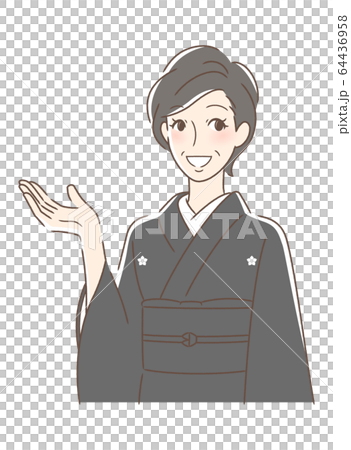 笑顔で手のひらを差し出す喪服の女性 64436958