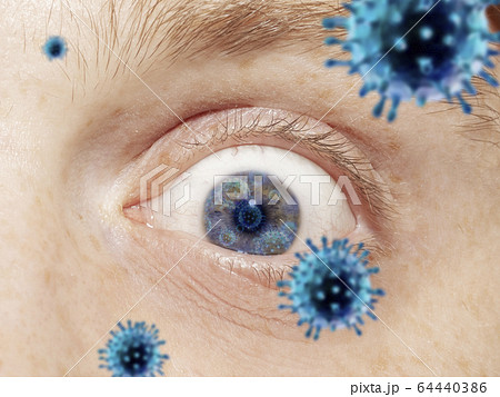 Close up shoot of a male eye with 3D-illustrated coronavirus models, the way of infecting Close up shoot of a male eye with 3D-illustrated coronavirus models, the way of infecting 64440386