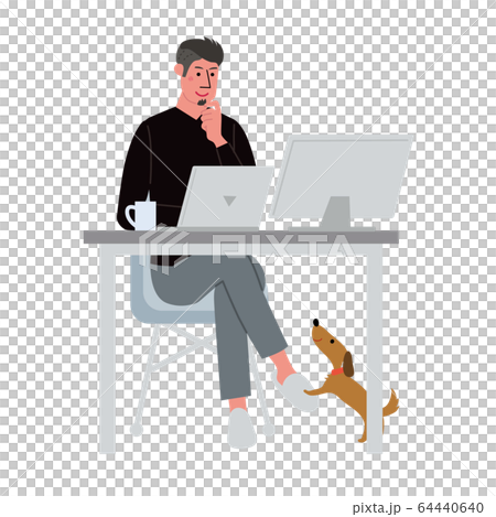 Male doing remote work Telework illustration double monitor 64440640