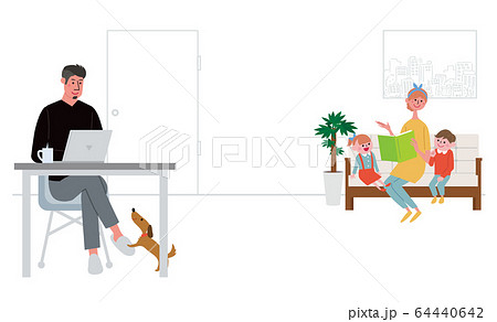 リモートワークをする男性と家族 テレワーク イラスト 64440642