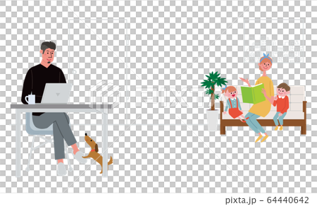 リモートワークをする男性と家族 テレワーク イラスト 64440642