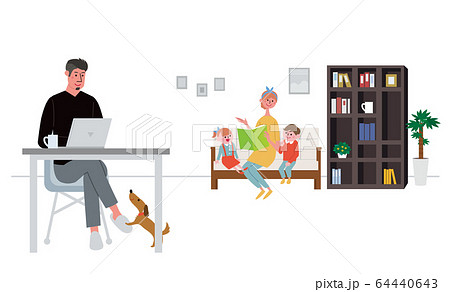リモートワークをする男性と家族 テレワーク イラスト リモートワークをする男性と家族 テレワーク イラスト 64440643