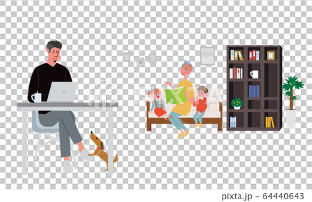 Remote-working man and family Telework illustration Remote-working man and family Telework illustration 64440643