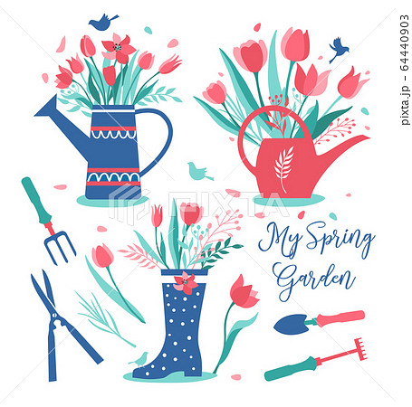 Cute rain boots and watering can with flowers and gardening tools set. Rubber boots with bouquets. Cartoon flat style vector illustration. Garden plants-tulips. Spring and summer collection. 64440903