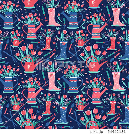 Decorative seamless surface pattern with garden tools. Template for design textile, greeting cards, wrapping paper, packages, backgrounds. Vintage vector illustration. Decorative seamless surface pattern with garden tools. Template for design textile, greeting cards, wrapping paper, packages, backgrounds. Vintage vector illustration. 64442181